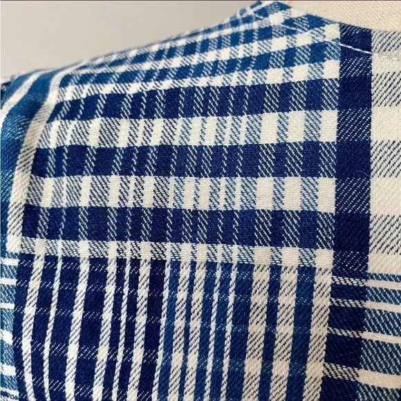 J.Crew Puff Sleeve Wrap Top Indigo Plaid Patchwork Cotton Blouse Size XS - Picture 13 of 15